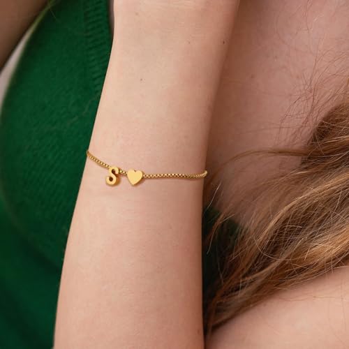 Gold Initial Bracelet for Women Dainty Personalized Name Bracelet | 14K Gold Plated, Letter A-Z Bracelet, Tiny Gold Initial Cute Heart Bracelet Jewelry Gift - color: G