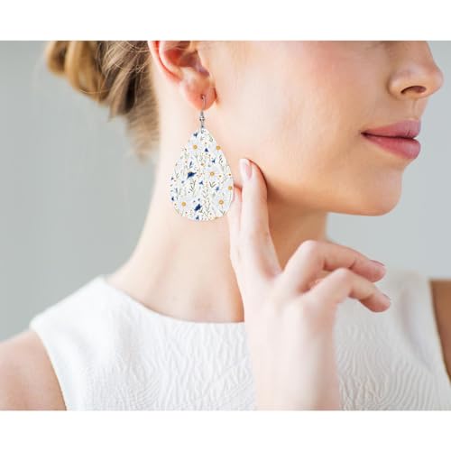 Daisy Faux Leather Earrings Wild White Poppies Flower Blossom Nature Teardrop Leather Dangle Earrings Women Earrings For Wedding Bridal - color: Daisy