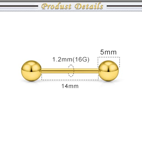 16G 14G Surgical Steel Tongue Rings Nipple Rings Industrial Piercing Jewelry Set Multi Size Straight Barbells 12mm 14mm 16mm 19mm 22mm 28mm 32mm 35mm 38mm 40mm 45mm for Women Men - color: goldtone, size: 16g,bar length 14mm
