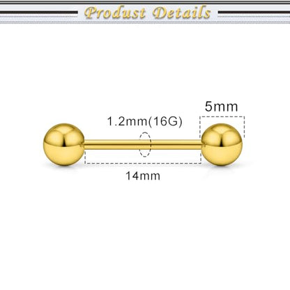 16G 14G Surgical Steel Tongue Rings Nipple Rings Industrial Piercing Jewelry Set Multi Size Straight Barbells 12mm 14mm 16mm 19mm 22mm 28mm 32mm 35mm 38mm 40mm 45mm for Women Men - color: goldtone, size: 16g,bar length 14mm