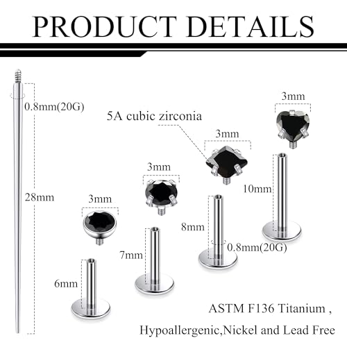 Titanium Flat Back Lip Rings Internally Threaded Earrings Studs Nose Rings 20G 18G 16G Round Heart Square CZ Tragus Cartilage Lobe Rook Helix Conch Labret Medusa Piercing Jewelry for Women Men - color: Black CZ, size: 20G-6/8/10mm