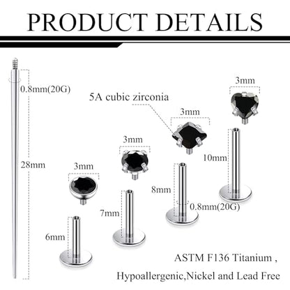 Titanium Flat Back Lip Rings Internally Threaded Earrings Studs Nose Rings 20G 18G 16G Round Heart Square CZ Tragus Cartilage Lobe Rook Helix Conch Labret Medusa Piercing Jewelry for Women Men - color: Black CZ, size: 20G-6/8/10mm
