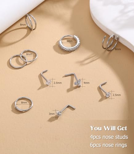 MILACOLATO 14K Gold Filled Nose Ring Studs 20G Nose Ring Hoops Hypoallergenic 316L Surgical Stainless Steel Nose Rings L Shaped CZ Nose Nostril Piercing Jewelry for Women Men 10Pcs - color: Sliver