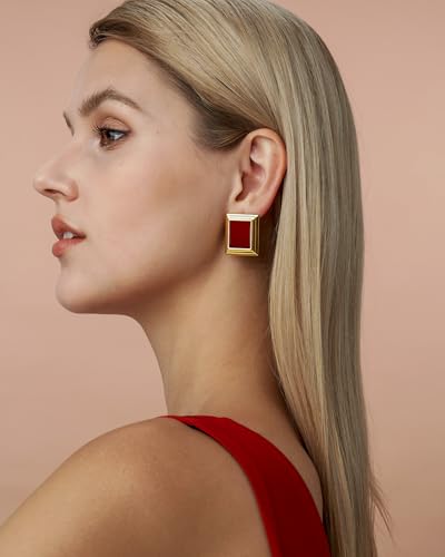 18K Gold Plated Burgundy Maroon Black Large Chunky Thin Ribbed Chamfered Square Geometric Dangle Stud Statement Earrings for Women by SNGIA , Big Tropical Button Bohemian Handmade Trendy Baroque Enamel Vacation Summer Chandelier Drop Jewelry Gifts, Rectan