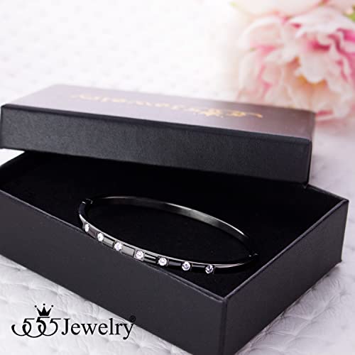 555Jewelry Stainless Steel Thin CZ Cuff Hinged Bangle Bracelet for Women - color: Black