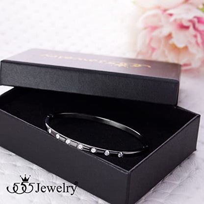 555Jewelry Stainless Steel Thin CZ Cuff Hinged Bangle Bracelet for Women - color: Black