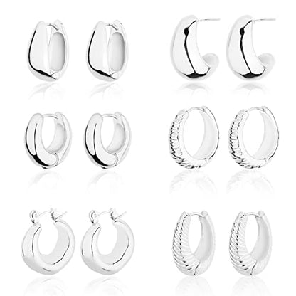 Wgoud 6 Pairs Chunky Gold Hoop Earrings for Women, 14K Gold Plated Hoop Earrings Hypoallergenic, Thick Lightweight Twisted Huggie Hoops Earring Set for Women’s Jewelry GIfts - color: 6 Prs Chunky Silver