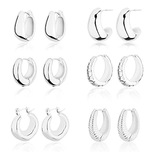 Wgoud 6 Pairs Chunky Gold Hoop Earrings for Women, 14K Gold Plated Hoop Earrings Hypoallergenic, Thick Lightweight Twisted Huggie Hoops Earring Set for Women’s Jewelry GIfts - color: 6 Prs Chunky Silver