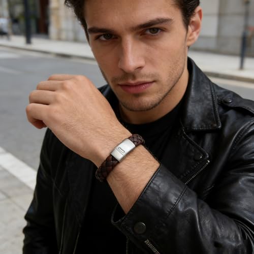 Italian Men's Leather Bracelet Jewelry Gift | Men's Accessory, Leather Band, Stainless Steel, Wrist Bracelet