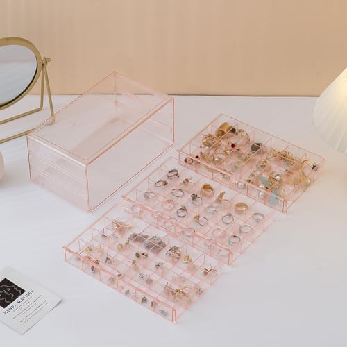 Earring Organizer Box Acrylic Stackable Jewelry Organizer with 3 Drawers 72 Small Compartments Clear Jewelry Display Stand for Stud Earring Ring Pin Display (Pink) - color: Pink