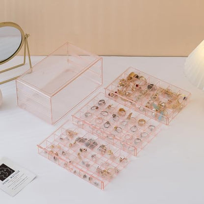Earring Organizer Box Acrylic Stackable Jewelry Organizer with 3 Drawers 72 Small Compartments Clear Jewelry Display Stand for Stud Earring Ring Pin Display (Pink) - color: Pink