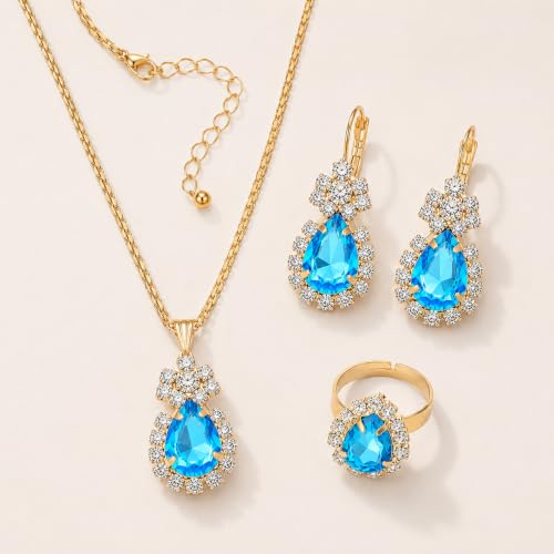 Blue Crystal Jewelry Set for Women, Teardrop Pendant Necklace Earrings Ring Set with Rhinestones, Gold Tone Bridal Jewelry Gift for Party Wedding
