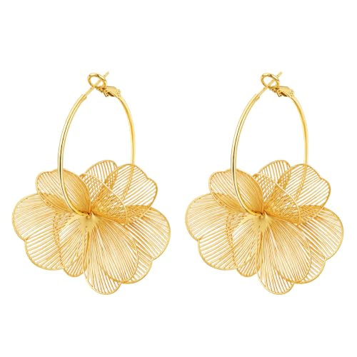 OGD Chunky Gold Statement Earrings For Women Trendy Gold Plated Sectored Flower Leaf Angel Wing Earrings Large Stud Jewlery Hypoallergenic - color: Flora Hoop-Gold