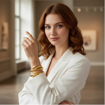 Chunky Gold Bangle Bracelets for Women – 14K Gold Plated, 3-Piece Stackable Cuff Bangles Set, Trendy Minimalist Jewelry - style: Gold-1