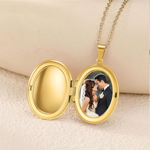 PHOCKSIN Personalized Locket Necklace for Women Photo Necklace with Customized Picture Birth Flower Birthstone Customizable Birthday Gifts - color: #12-Oval Gold