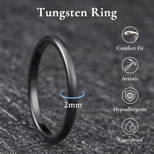 King Will Wedding Band for Men Women, 2/4/6/7/8mm Domed Matte Brushed Tungsten Carbide Rings, Solid/Dual Color Engagement Rings, Comfort Fit - color: Black-2mm