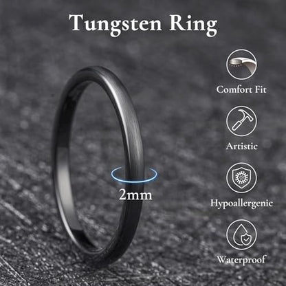 King Will Wedding Band for Men Women, 2/4/6/7/8mm Domed Matte Brushed Tungsten Carbide Rings, Solid/Dual Color Engagement Rings, Comfort Fit - color: Black-2mm