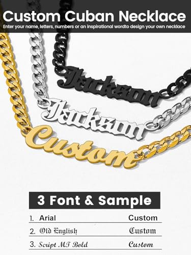 GoldChic JEWELRY Name Necklace Personalized for Men, Womens Custom Name Plate Chain, Stainless Steel Customized Old English Nameplate Choker with Curb Chains Custom, 16 inches to 30 inches - color: Cuban Chain 6 mm -Black