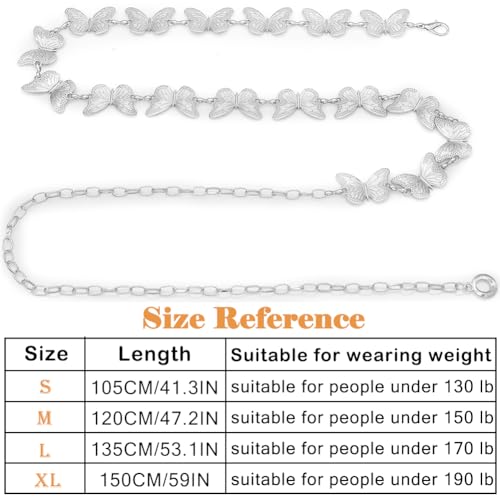 Waist Chain Belts Women Girls Metal Belly Link | Adjustable Waist Belt for Jeans and Dress - color: Silver Butterfly, size: XL: 59 in