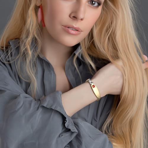 LinnaLove Fashion Shiny medical alert bracelet with Free Engraving Stainless steel Medical id bracelet for Women - color: Front-Gold