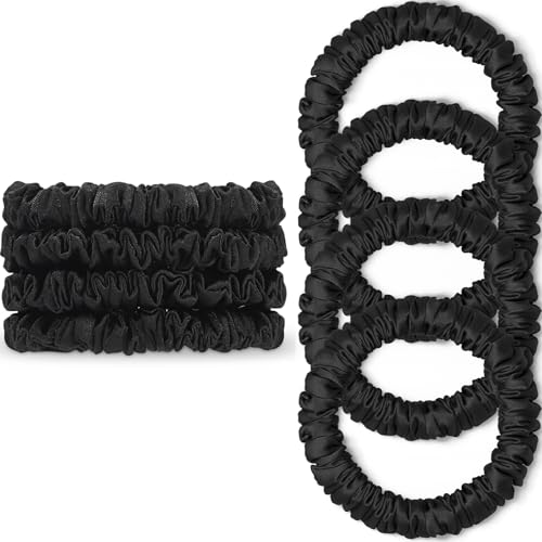 Scrunchies Hair Ties Silk Satin Scrunchy, WantGor Women 4PC Hair Bands | Pure Mulberry Silk Skinny Elastic Scrunchies Bracelets Ponytail Holders Hair Accessories (Black*4) - color: Black*4