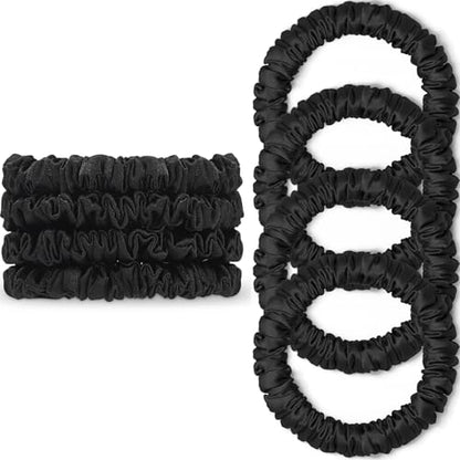 Scrunchies Hair Ties Silk Satin Scrunchy, WantGor Women 4PC Hair Bands | Pure Mulberry Silk Skinny Elastic Scrunchies Bracelets Ponytail Holders Hair Accessories (Black*4) - color: Black*4