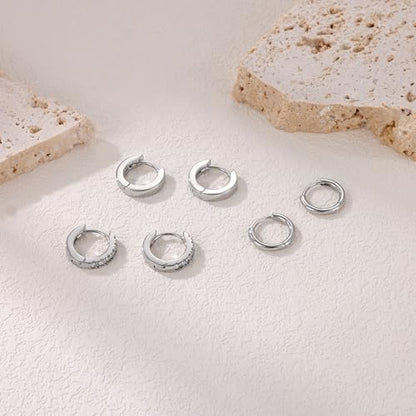 micuco 3 Pairs Small Gold Hoop Huggie Earrings Set for Women Men Tendy | 14K Gold Plated Small Huggie Hoop Earrings for Men, Tiny Cartilage Hypoallergenic Earring Set - style: P# 3 Pairs Silver 8-8-8mm