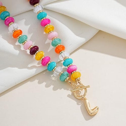 NIKOLUX Colorful Initial Necklaces for Women Chunky Resin Beaded Toggle Necklace 14K Gold Plated A-Z Bubble Letter Pendant Necklace Trendy Summer Beach Handmade Jewelry Gift - color: Colorful-L