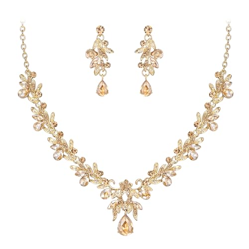 Women's Wedding Jewelry Set Leaf Flower for Bridal Prom Party | Stunning Crystal Teardrop Marquise Cluster Pendant Necklace Dangle Earrings Set for Bride Bridesmaid - color: Champagne Gold-Plated-Base