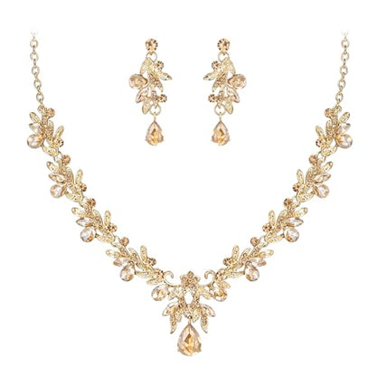 Women's Wedding Jewelry Set Leaf Flower for Bridal Prom Party | Stunning Crystal Teardrop Marquise Cluster Pendant Necklace Dangle Earrings Set for Bride Bridesmaid - color: Champagne Gold-Plated-Base