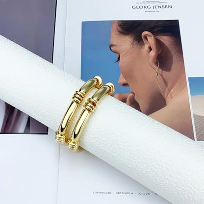 YBMYCM 5PCS Gold Chunky Bangles Bracelets for Women | 14k Gold Plated Stackable Layered Curved Bamboo Tube Stretch Bracelets Bangle Gift Jewelry - color: 4pcs G