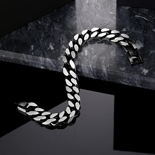 Mens Bracelet-Stainless Steel Fold Over Clasp Cuban Chain-Bracelets for Men - color: E-Black