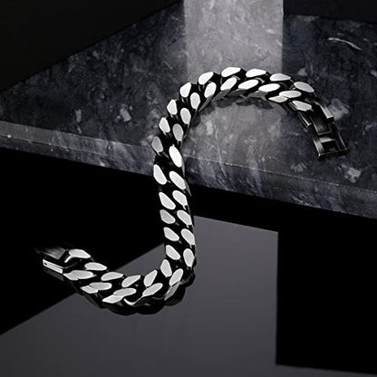 Mens Bracelet-Stainless Steel Fold Over Clasp Cuban Chain-Bracelets for Men - color: E-Black