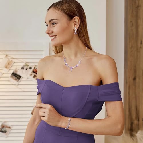 Crysdue Flower Leaf Wedding Jewelry Set for Bridal Bridemaid, Cubic Zirconia Teardrop Elegant Silver/14K/Rose Gold Plated Vine Necklace Dangle Earrings for Prom Party - style: B_Three Set Purple