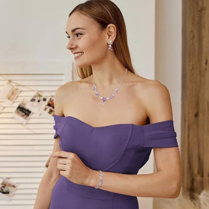 Crysdue Flower Leaf Wedding Jewelry Set for Bridal Bridemaid, Cubic Zirconia Teardrop Elegant Silver/14K/Rose Gold Plated Vine Necklace Dangle Earrings for Prom Party - style: B_Three Set Purple