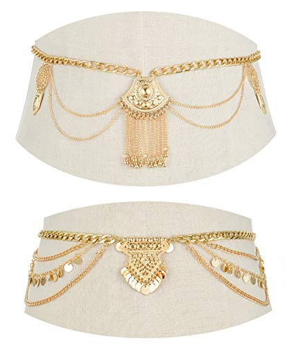 Tornito 2 PCS Waist Belt Chain Vintage Dangle Dancing Tassel Body Chain Bikini Beach Body Jewelry for Women Silver Gold Tone - color: A:2pcs,Gold Tone