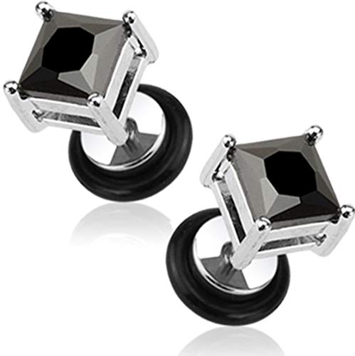 16g Surgical Steel Square Crystal Dia Cut Cheater Plug Earrings (Choose CZ Color) - color: Black CZ