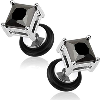 16g Surgical Steel Square Crystal Dia Cut Cheater Plug Earrings (Choose CZ Color) - color: Black CZ