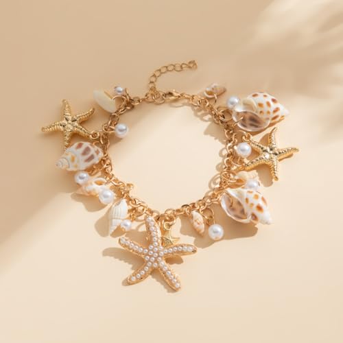 Spiritrain Handmade Starfish Seashell Pearl Bracelets for Women Gold Plated Bohemian Charm Sea Shell Couch Beads Adjustable Chain Anklet Bracelets Hawaiian Beach Holiday Mermaid Costume Jewelry Gifts - color: Gold jewelry set