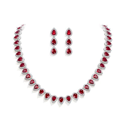 EleQueen Women's Silver-Tone Full Prong Cubic Zirconia Teardrop Bridal Necklace Earrings Set - color: 03-Ruby Color