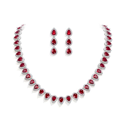 EleQueen Women's Silver-Tone Full Prong Cubic Zirconia Teardrop Bridal Necklace Earrings Set - color: 03-Ruby Color
