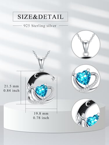 I Love You to the Moon and Back Necklace 925 Sterling Silver Black Crescent Moon Star Pendant with Heart Birthstone Necklace Anniversary Gothic Jewelry Gifts for Women Wife Lovers - color: 03-Mar-Aquamarine