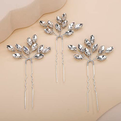 Teyglen 3pcs Bridal Crystal Hair Pins Rhinestones Hair Pieces Simple Crystal Wedding Hair Accessories Handmade Hair Pins for Women Bride Girls (Silver) - color: Silver