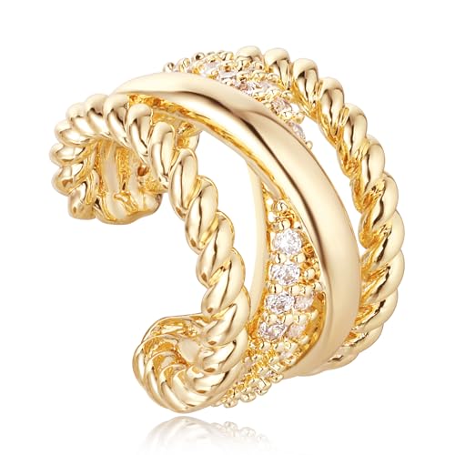 Gold Ear Cuff Earring for Women 14K Gold Plated Cubic Zirconia Non-Pierced Clip on Cartilage Chunky Ear Cuffs Hypoallergenic Jewelry - style: x rope