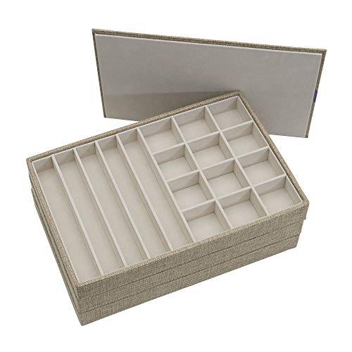 Household Essentials Stackable Jewelry Trays, 3 Varieties, Space for Necklaces, Rings and Earrings, Blended Canvas with Felt Interior, Perfect for Drawers and Closet Shelves, Latte - color: Latte