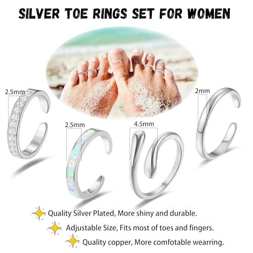 LOFITOR 4PCS Toe Rings for Women Gold Adjustable 14K Gold Filled Toe Ring Set Simple Cute Thin Band Hawaiian Beach Summer Foot Jewelry Waterproof Gold Toe Rings - style: Opal Silver