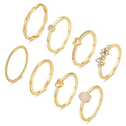 RLMOON Gold Ring Set for Women Dainty Silver Rose Gold Stackable Rings | 14K Gold Plated Simple Heart CZ Pinky Stacking Thumb Rings Plain Band Size 4-12(8-12PCS) - color: Gold Rings