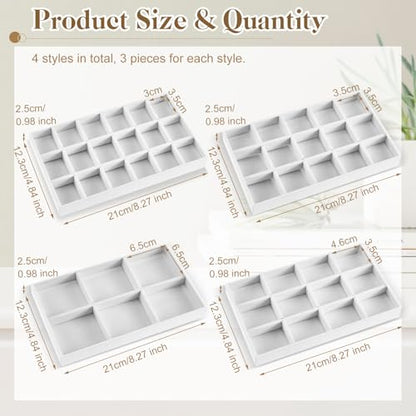 12 Pcs Jewelry Tray Velvet Stackable Jewelry Organizer Trays Divided Earring Accessories Storage Containers Box (Rose Red) - color: White