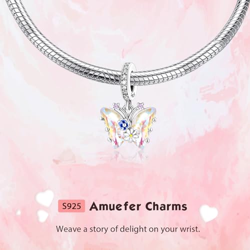 S925 Bead Pendant Charms for Bracelets Necklaces, Compatible with Pandora, Jewelry Making DIY - style: Colorful Butterfly Charms with Flower