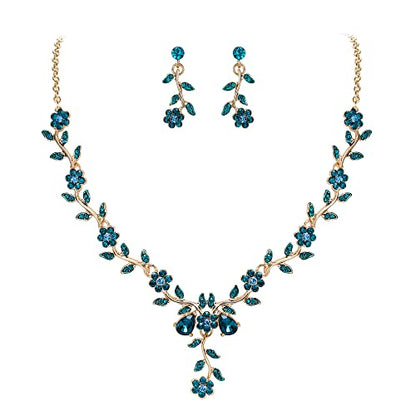 Women's Wedding Jewelry Set for Bride,Prom Bridal Accessories | Bling Crystal,Flower Leaf Cluster,Dangle Earrings Pendant Necklace Set,for Bridesmaid,Party Jewellery - color: 08-Blue Topaz Gold-Plated-Base